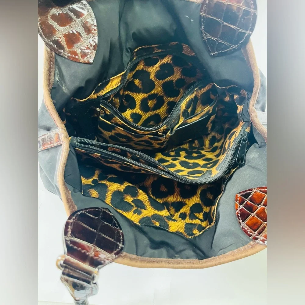 Y2K style Brighton nylon and leather shoulder bag, reptile and cheetah print